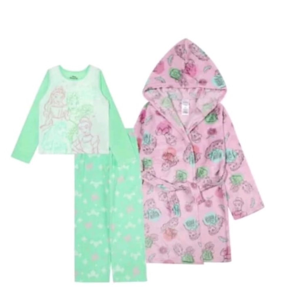 Disney Princess Pink and Mint Plush 3pcs Robe Set girls size 10 sleepwear set